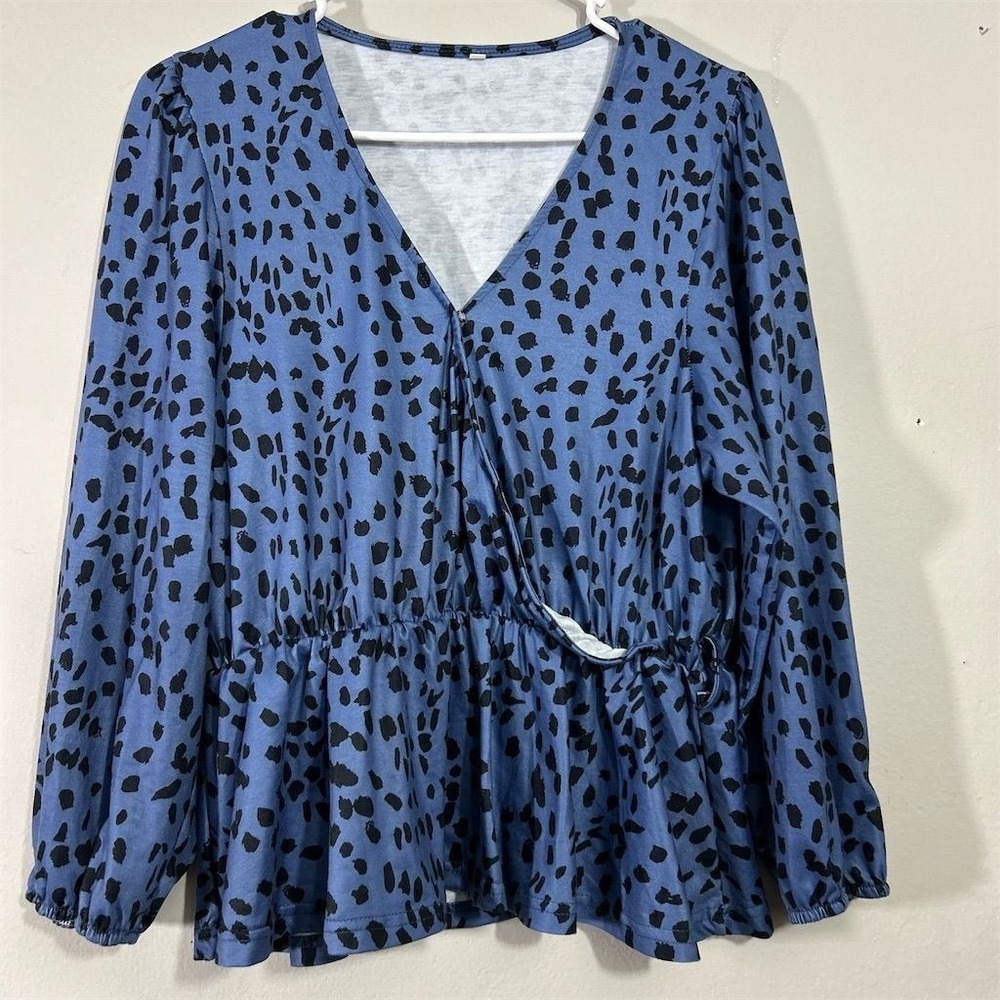 Unbranded‎ Wrap Peplum Top Women Large Blue Black Cheetah Animal Print  Long Slv